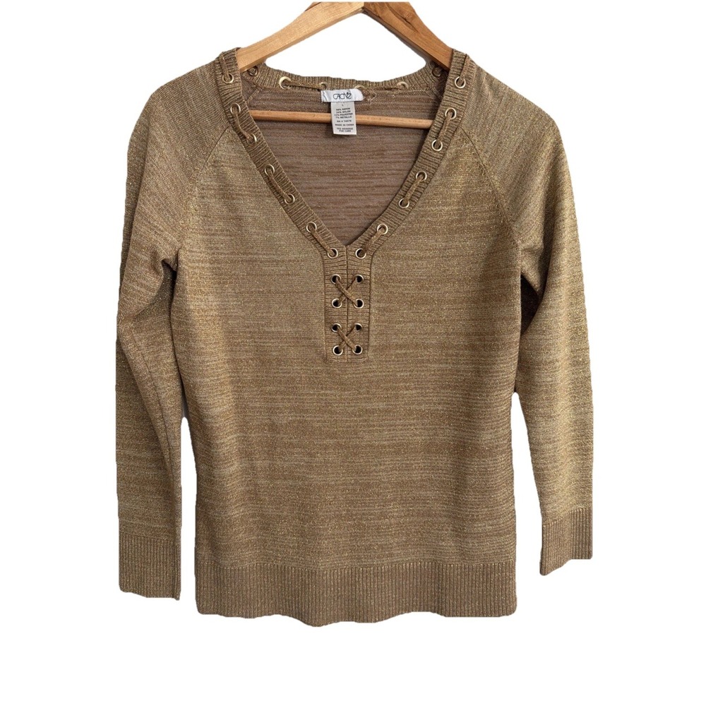 Vtg 90s 80s Y2K Cache L Gold Metallic V Neck Shirt Lace Up Knit Sweater Party